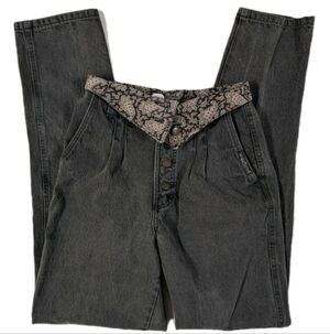 Vintage Rocky Mountain High Waist Pleated Jeans Black Paisley Fold Over Fly